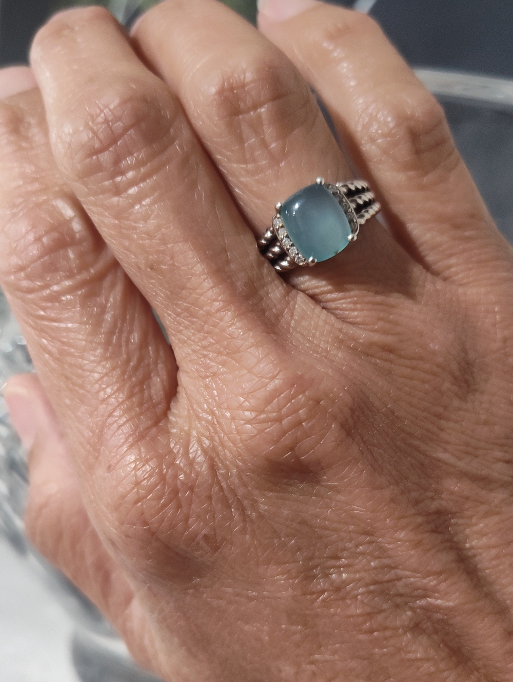 David Yurman Petite Wheaton Ring Blue Chalcedony, Diamonds & Sterling Silver